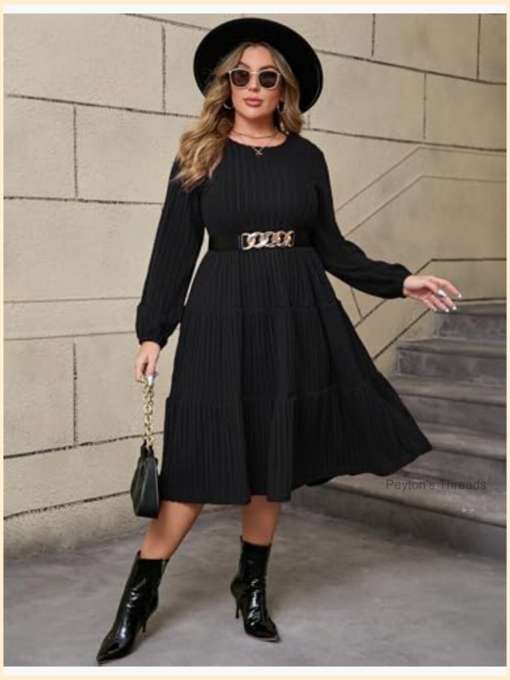 Women Plus Size Knit Sweater Dress Round Neck Long Sleeves Midi Dress with Belt - Picture 5 of 6